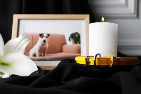 Peaceful pet end-of-life care at home - XCura Mobile Vet Memorial candle and dog photo representing compassionate pet end-of-life care at home