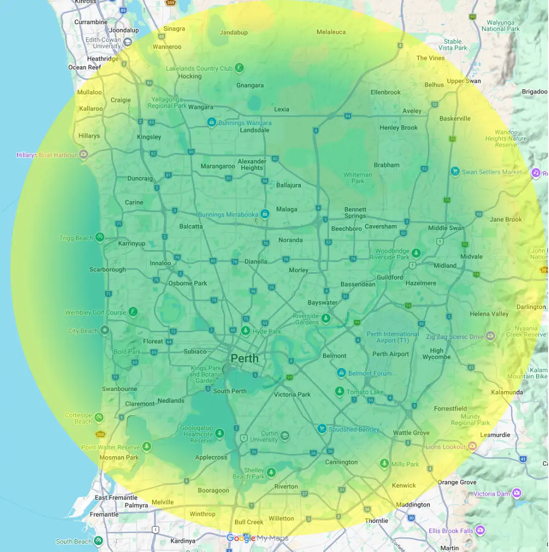 Map of Perth, WA, showing a green-to-yellow heat overlay radiating outward from the city center over the map edge to the coast and suburbs