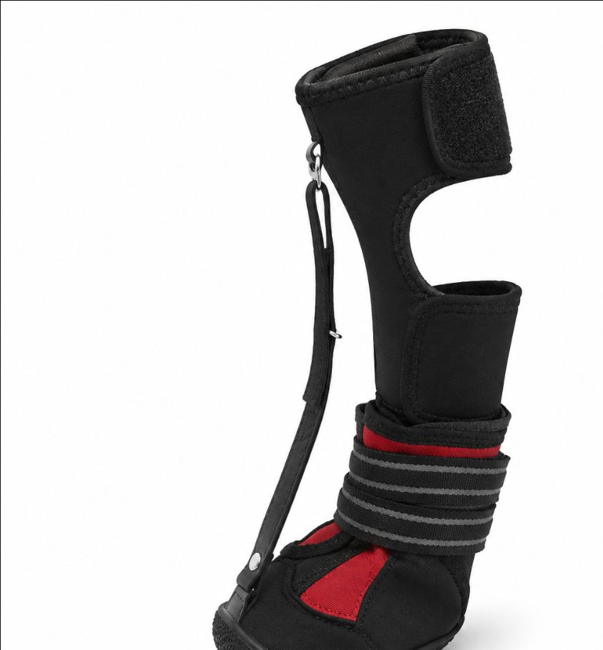 dog-boots-black-size-5-4pcs-rxw-637 - XCura Mobile Vet An ankle–foot orthosis (AFO) boot with adjustable straps and a zipper, designed to support the ankle and foot during walking, shown in black with red lining.