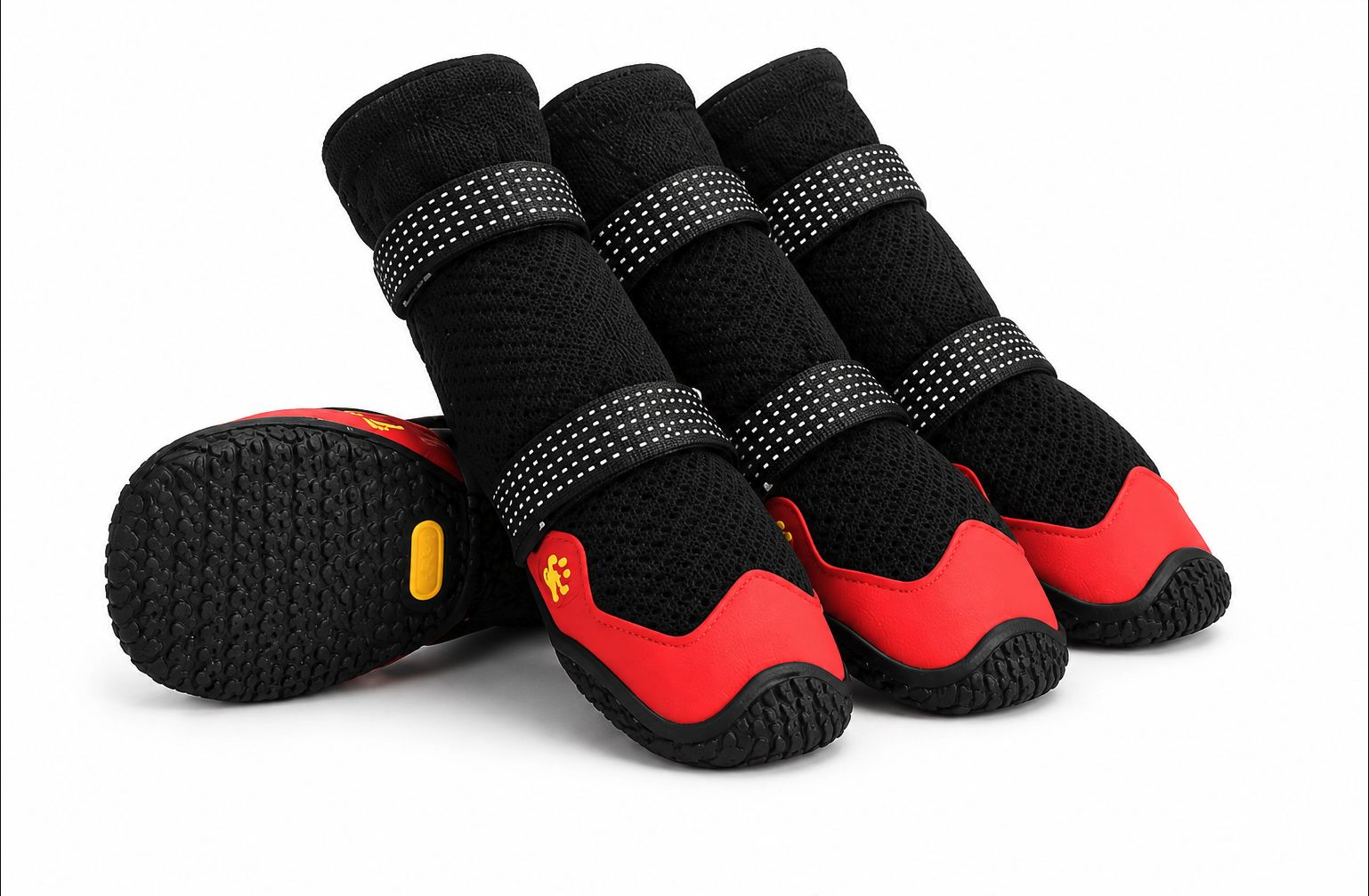 dog-boots-red-size-8-4pcs-premium-rxw-603 - XCura Mobile Vet Three black and red children's athletic shoes with three Velcro straps and textured soles on a white background.