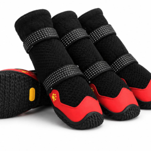 dog-boots-red-xxs-4pcs-rxw-635 - XCura Mobile Vet Pair of black and red slides for kids with three Velcro straps and a textured sole; yellow paw logo on the side edge.