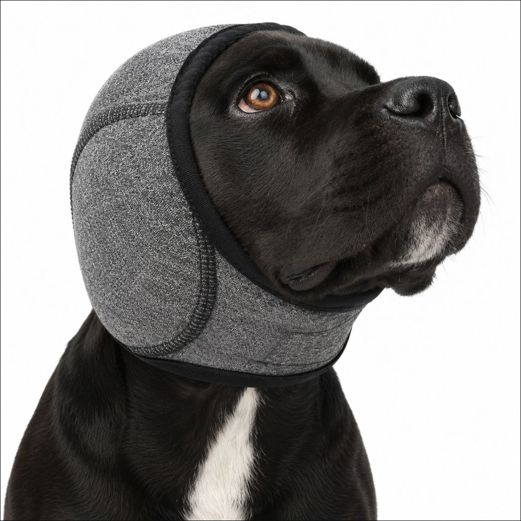 dog-ear-muffs-grey-s-rxw-620 - XCura Mobile Vet Black dog wearing a gray padded headguard, looking upward with orange eye showing against a white background.