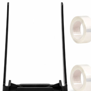 Black wireless router or signal transmitter with two tall antennas, shown with two rolls of clear packing tape nearby.