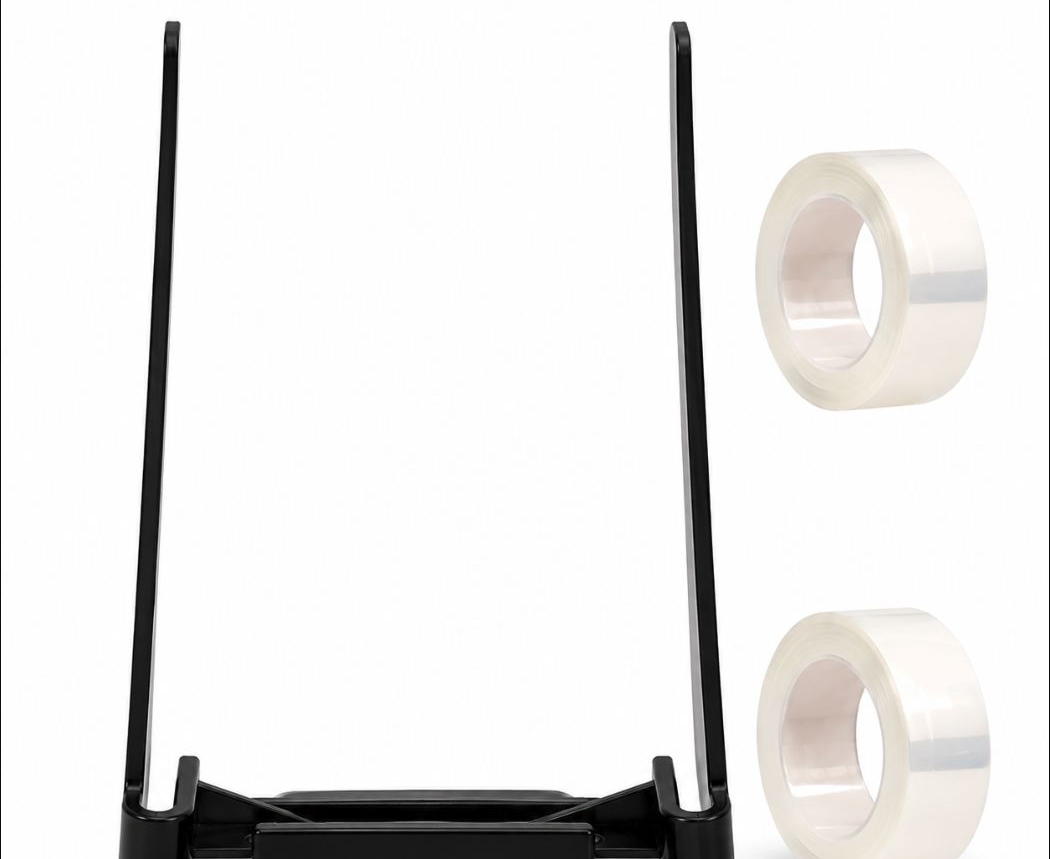 dog-ear-support-stickers-2-pcs-rxw-634 - XCura Mobile Vet Black wireless router or signal transmitter with two tall antennas, shown with two rolls of clear packing tape nearby.
