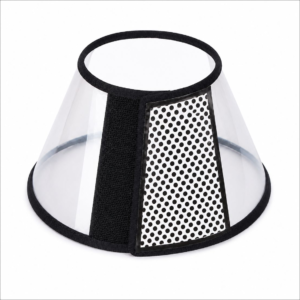 e-collar-black-s-rxw-667 - XCura Mobile Vet Soft plastic cone collar for pets with black trim and Velcro strap, used to prevent licking or biting wounds