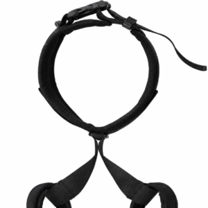 Black adjustable dog harness with a circular neck loop and crisscross chest straps on a white background.