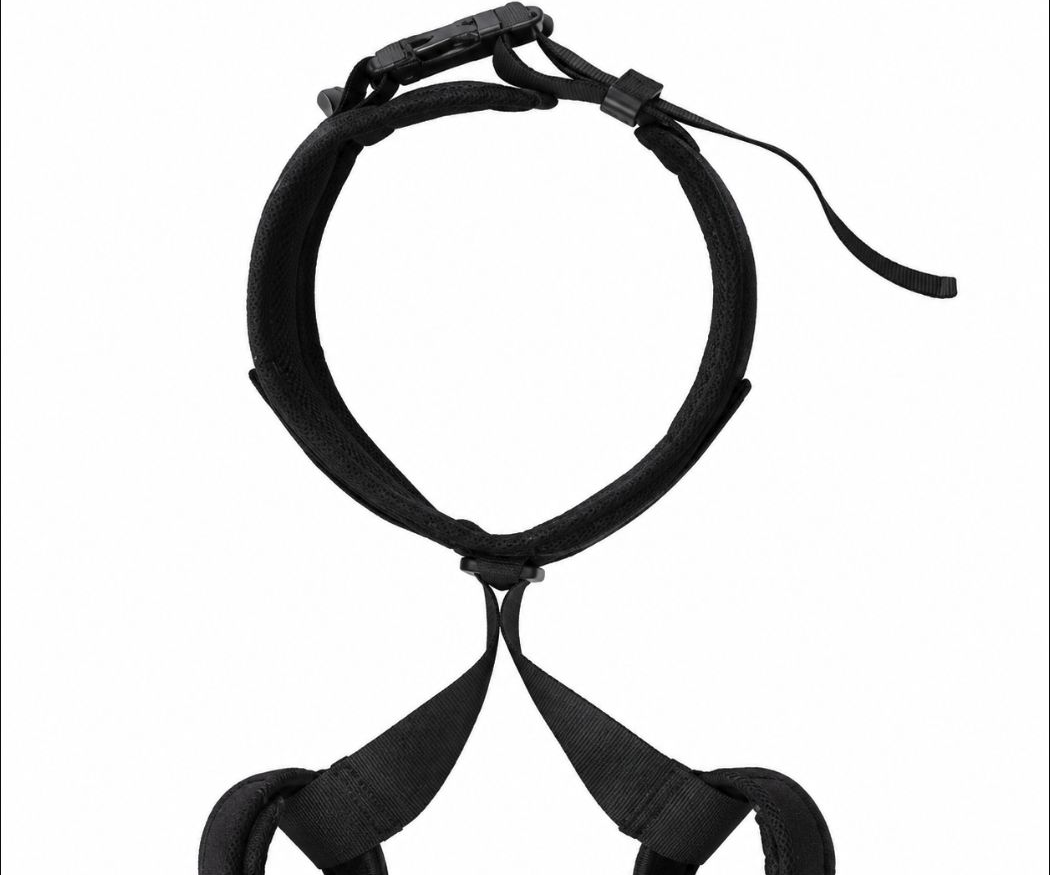 hind-leg-support-brace-black-s-rxw-687 - XCura Mobile Vet Black adjustable dog harness with a circular neck loop and crisscross chest straps on a white background.