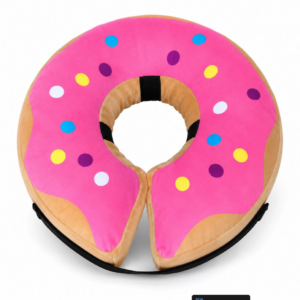 inflatable-recovery-collar-pink-l-rxw-679 - XCura Mobile Vet Pink frosted donut-shaped travel neck pillow with colorful sprinkles.