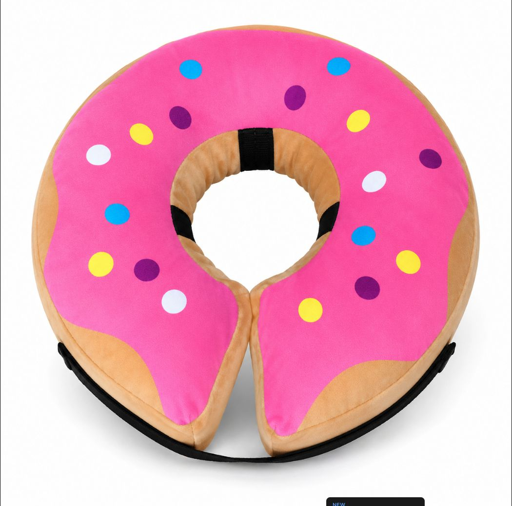 inflatable-recovery-collar-pink-l-rxw-679 - XCura Mobile Vet Pink frosted donut-shaped travel neck pillow with colorful sprinkles.