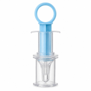 Clear plastic syringe-like device with a blue plunger and circular loop at the top against a white background, a medical dispensing tool.