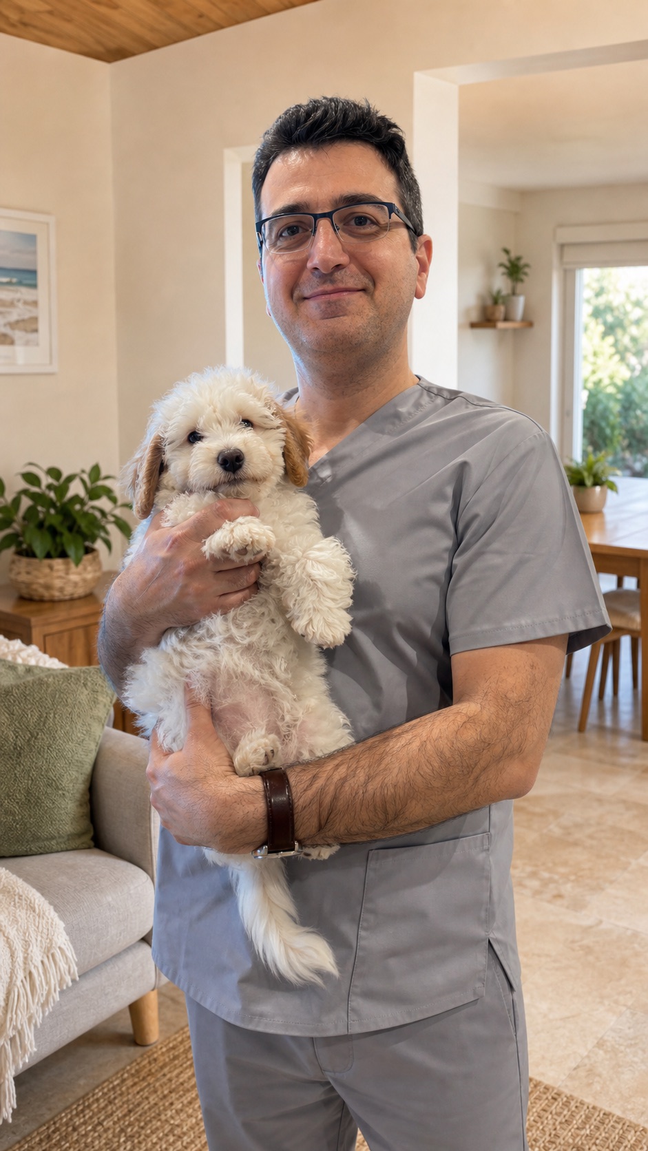 Dr Noor holding a small dog during a calm home veterinary visit in Perth